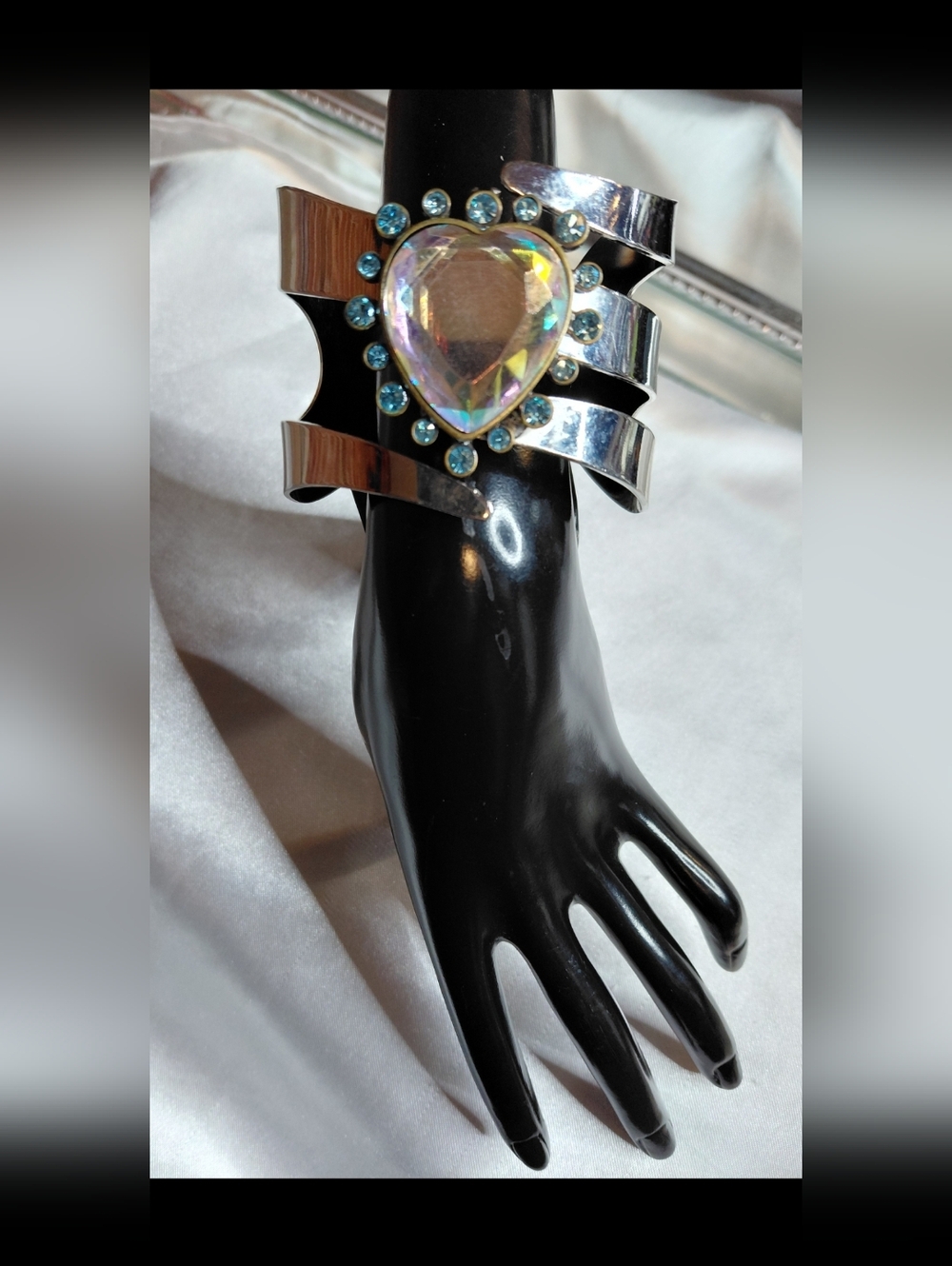 Silver Cuff Bracelet with IIridescent Heart and Aqua Rhinestones